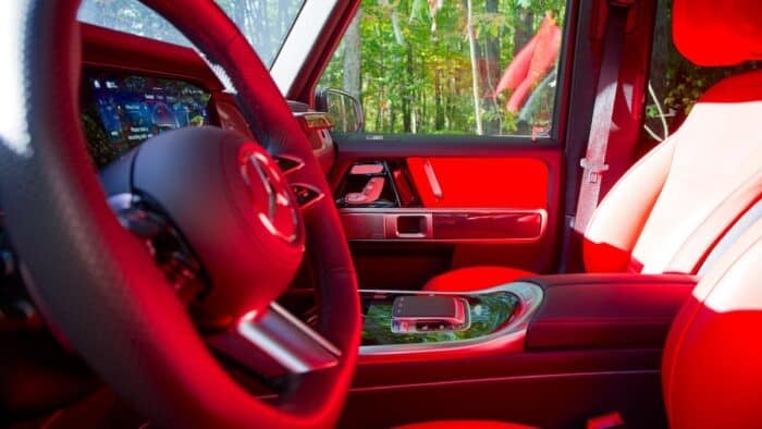 2027 Mercedes-Benz Electric G-Class interior front driver view with steering wheel